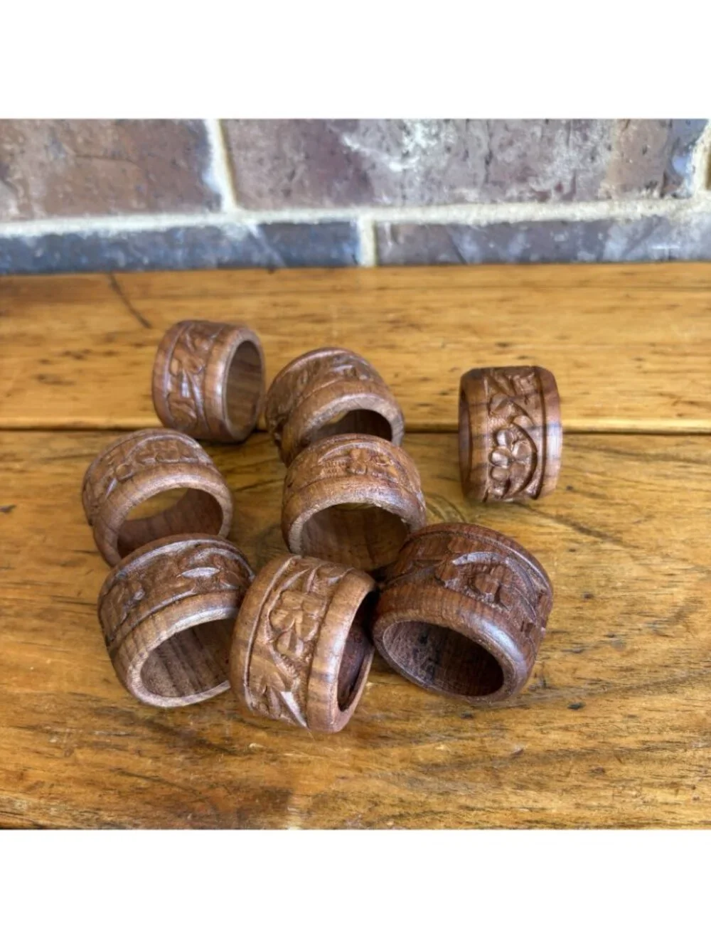 Hand Carved Dark Wood Napkin Rings Set Of 8 Vintage
